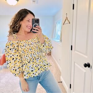 Tanya Taylor White Yellow Blue Floral Cotton Smocked Long Sleeve Top Small